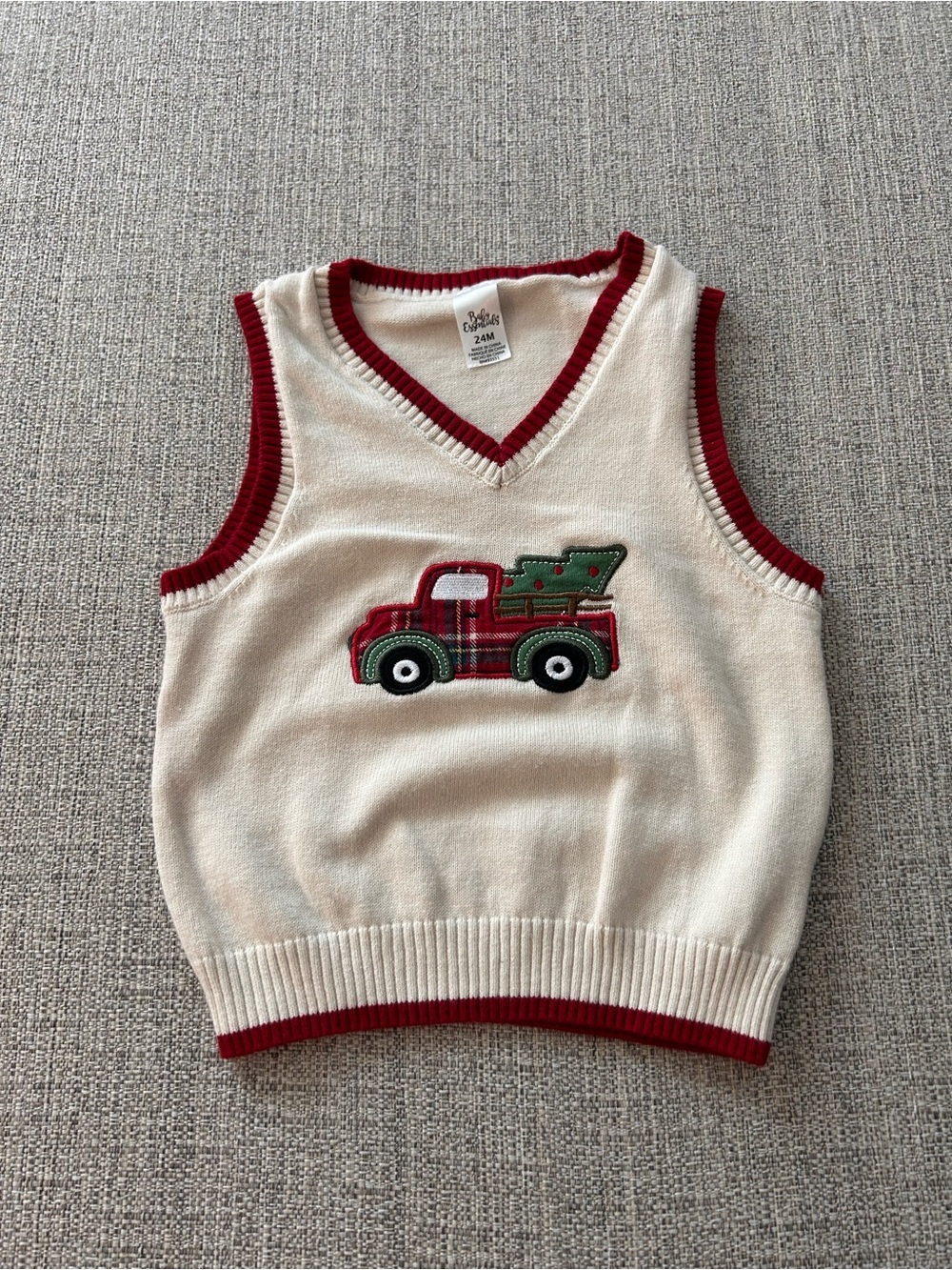 Baby Essentials Cream Sweater Vest Red Trim & Truck w Christmas Tree. Size 24M